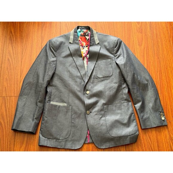 Robert Graham Blazer Men's 40 Gray Blue Cotton Three-Button Floral Lined - Picture 12 of 16